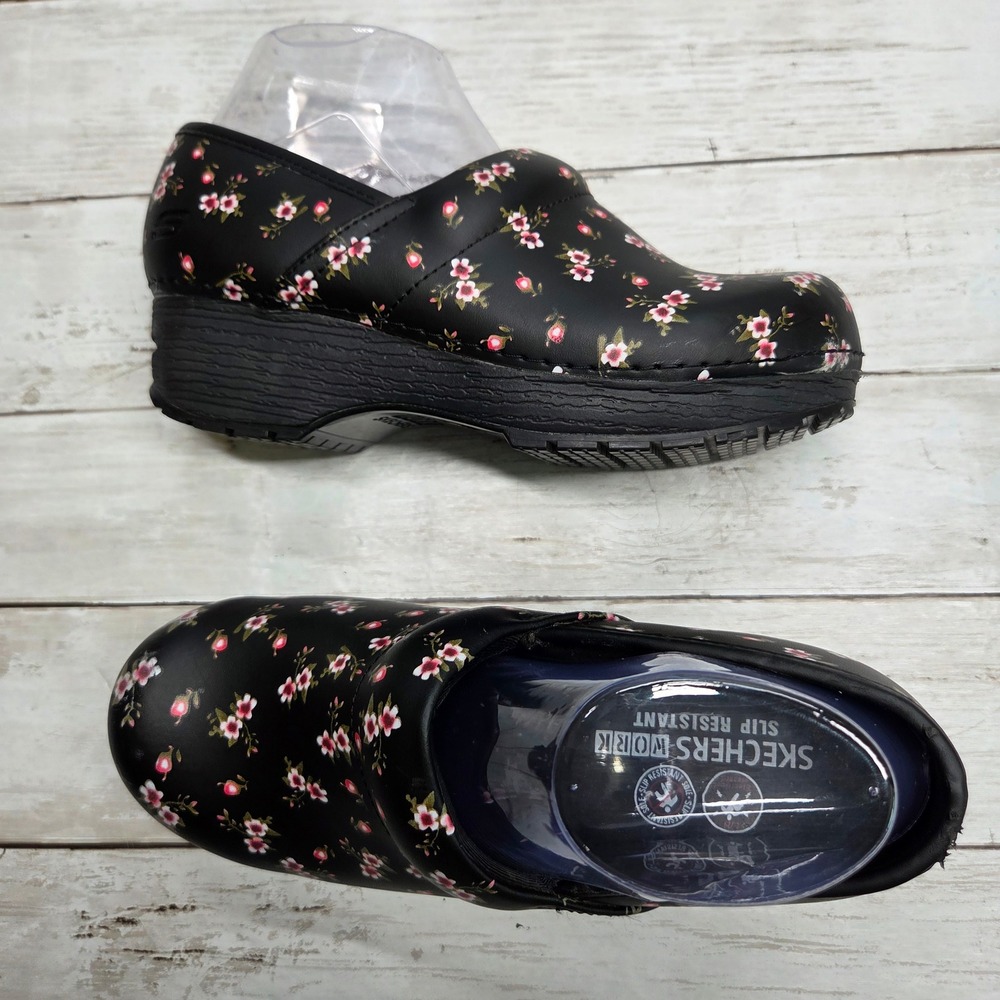 Skechers Work 77227 Floral Slip Resistant Clogs Women 8 Black Pink EH Safe
